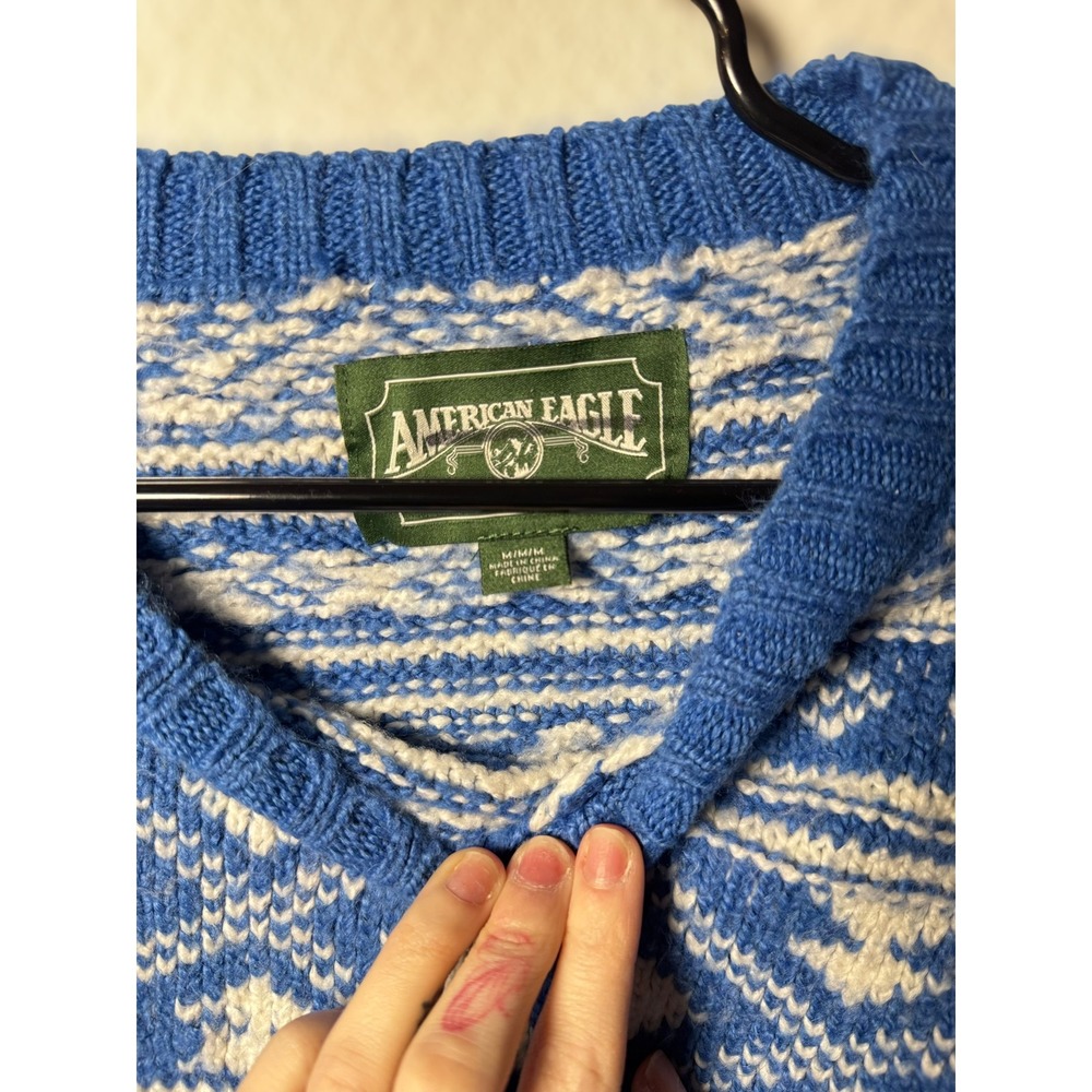 Vtg AMERICAN EAGLE Cable Knit Fair Isle Sweater M Cozy Blue‎ White Fisherman Ski - Picture 3 of 6